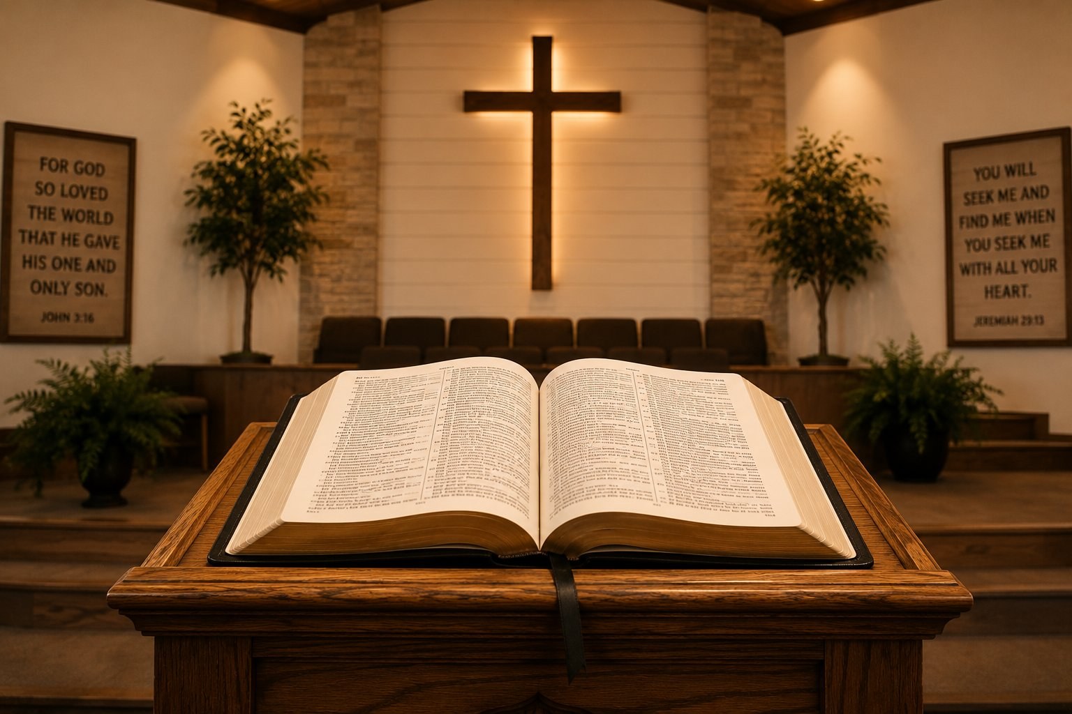 An open Bible on a wooden pulpit with a cross in the sanctuary